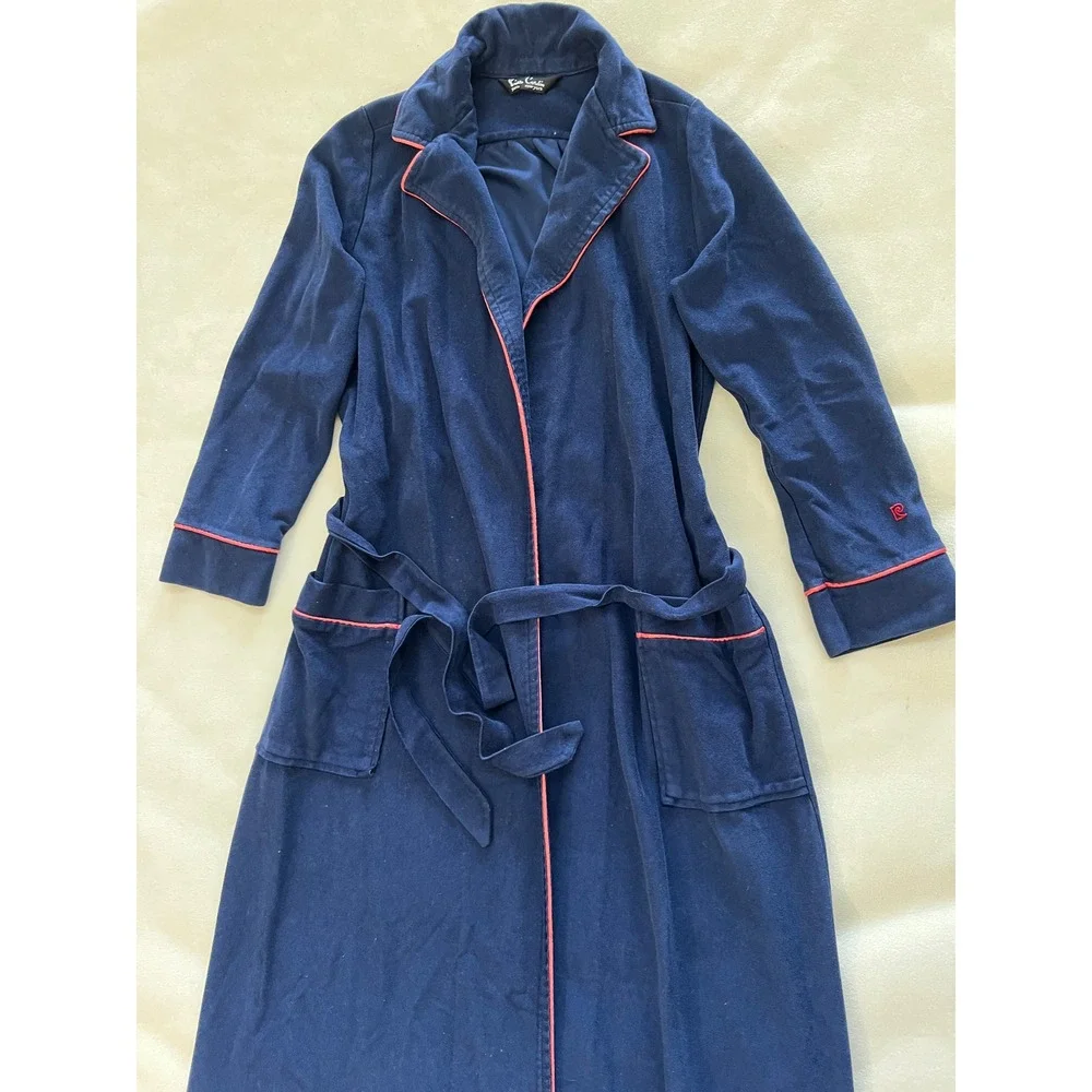 Vintage Pierre Cardin Navy Blue Full Length Robe Pink Trim Logo Embroidered